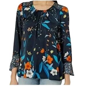 Nanette Lepore Mixed Floral Long Ruffled Sleeve Round Neck Blouse Medium Blue